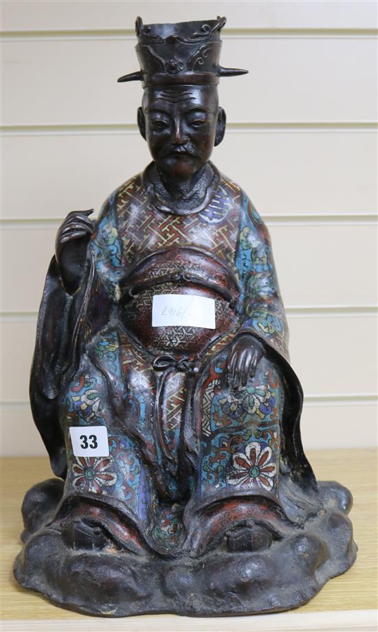 A chinese bronze and champleve figure of a seated Nobleman, height 42cm